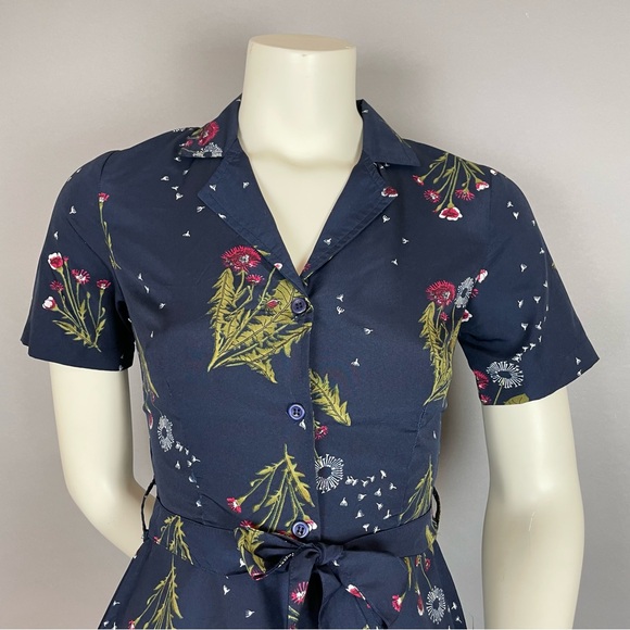 Circus Dress Dandelion Print‎ Navy Blue XS UK Size 8 Retro A-Line Belted Twee - Picture 3 of 12